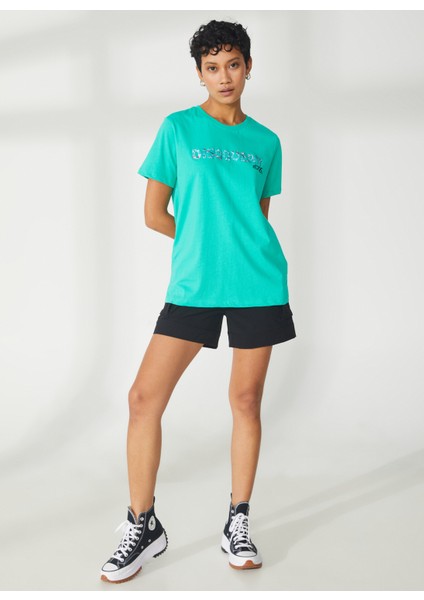 Bisiklet Yaka Baskılı Mint Kadın T-Shirt W-HOLDEN