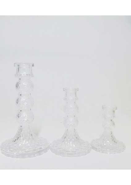 15 cm Rölyef Kabartmalı Kristal Cam Şamdan Mumluk ve Mum Seti