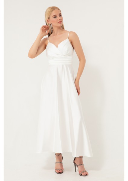 Kadın Beyaz Ip Askılı Bel Kemerli Saten Midi Abiye & Mezuniyet Elbisesi