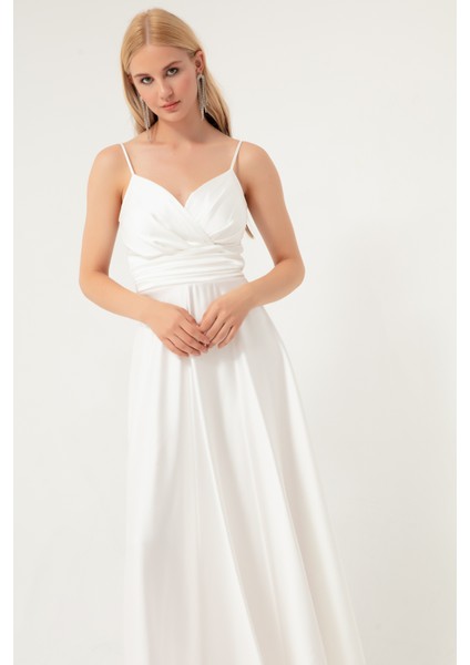 Kadın Beyaz Ip Askılı Bel Kemerli Saten Midi Abiye & Mezuniyet Elbisesi modelleri