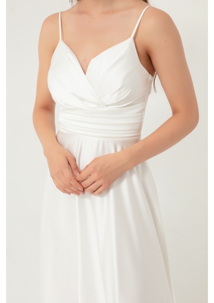 Kadın Beyaz Ip Askılı Bel Kemerli Saten Midi Abiye & Mezuniyet Elbisesi fırsatları