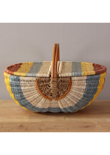 Bohem Large Boy Renkli Piknik Sepeti, Brunch Sepeti, Dekoratif Sepet, Iskandinav, Modern, Rattan