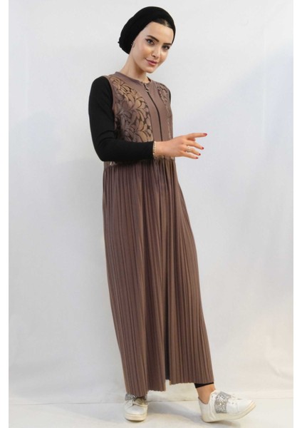 Ceren Gündoğdu Butik Piliseli Yelek MC714 Vizon modelleri