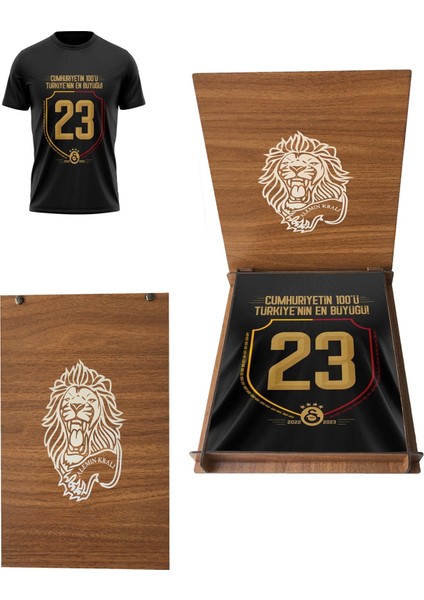  Galatasaray Lisanslı 2023 Şampiyonluk T-Shirt Aslan Ahşap Kutulu