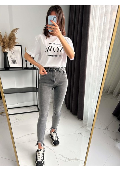 Kesik Paça Füme Skinny Jean