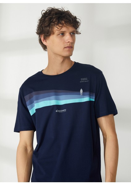 Bisiklet Yaka Baskılı Lacivert Erkek T-Shirt HARDAP
