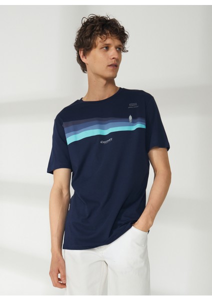 Bisiklet Yaka Baskılı Lacivert Erkek T-Shirt HARDAP modelleri