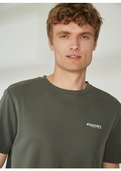 Bisiklet Yaka Baskılı Haki Erkek T-Shirt PERTA