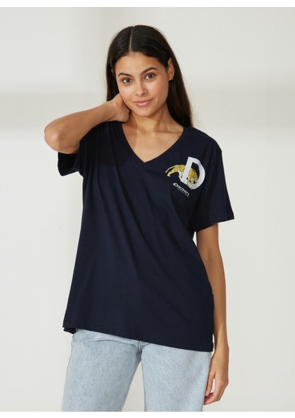 V Yaka Baskılı Lacivert Kadın T-Shirt W-MERCAN