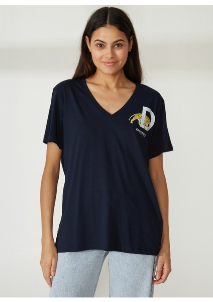 V Yaka Baskılı Lacivert Kadın T-Shirt W-MERCAN modelleri