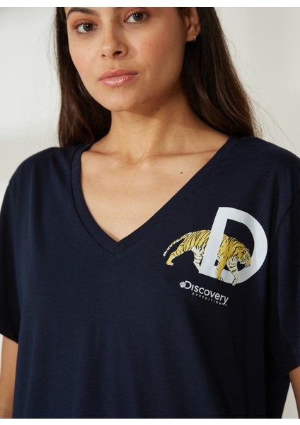V Yaka Baskılı Lacivert Kadın T-Shirt W-MERCAN fırsatları
