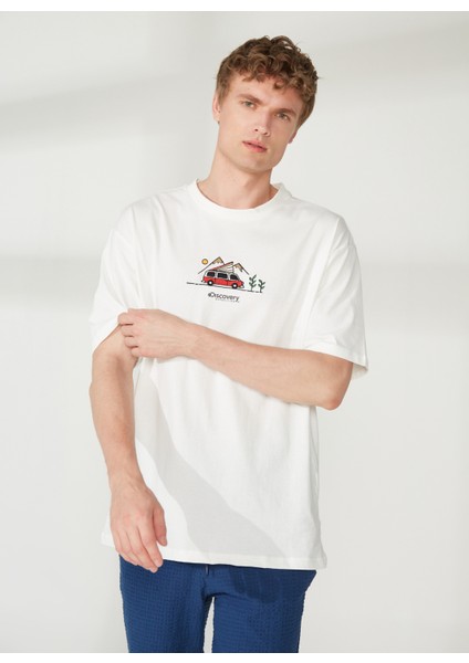 Bisiklet Yaka Nakışlı Kırık Beyaz Erkek T-Shirt LEAF