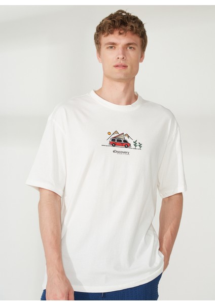 Bisiklet Yaka Nakışlı Kırık Beyaz Erkek T-Shirt LEAF modelleri