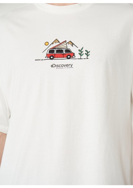 Bisiklet Yaka Nakışlı Kırık Beyaz Erkek T-Shirt LEAF fırsatları