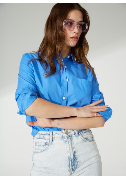 Marot Normal Klasik Yaka Düz Mavi Kadın Gömlek Majorelle