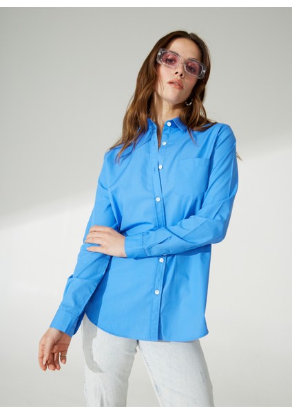 Marot Normal Klasik Yaka Düz Mavi Kadın Gömlek Majorelle fiyatları