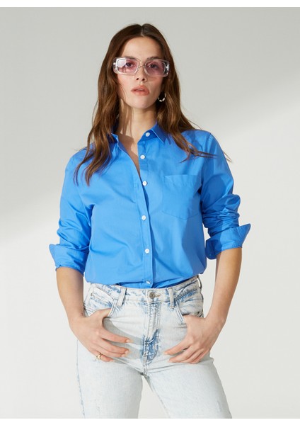 Marot Normal Klasik Yaka Düz Mavi Kadın Gömlek Majorelle modelleri