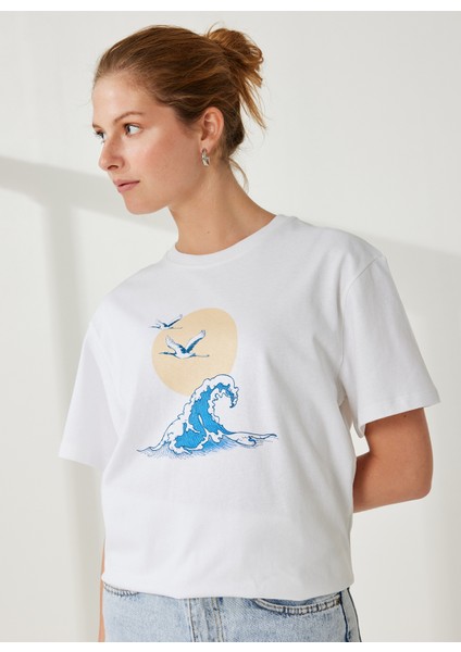 Yuvarlak Yaka Baskılı Ekru Kadın T-Shirt DT10246 Denim Trip Yuvarlak Yaka Re