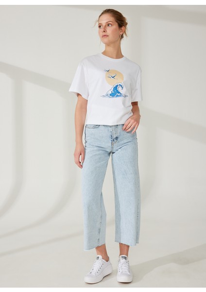 Yuvarlak Yaka Baskılı Ekru Kadın T-Shirt DT10246 Denim Trip Yuvarlak Yaka Re fiyatları