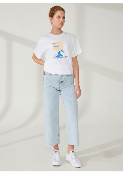 Yuvarlak Yaka Baskılı Ekru Kadın T-Shirt DT10246 Denim Trip Yuvarlak Yaka Re modelleri