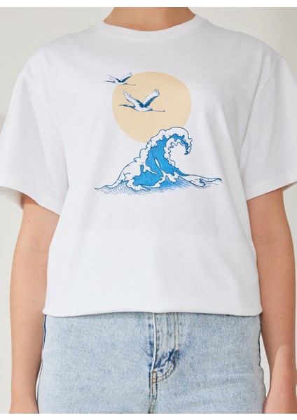 Yuvarlak Yaka Baskılı Ekru Kadın T-Shirt DT10246 Denim Trip Yuvarlak Yaka Re fırsatları