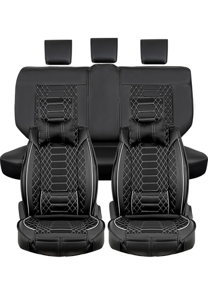 mercedes S Serisi Lüx Deri Oto Koltuk Kılıfı Ön Arka Takım (Royal) Siyah Beyaz