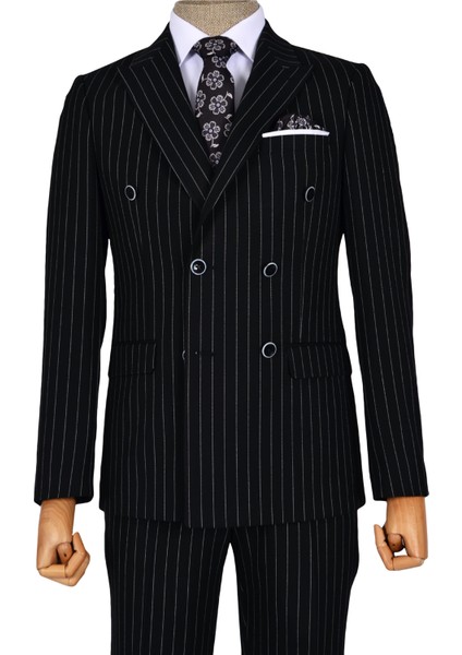 Dik Nokta Çizgili Kruvaze Slim Fit Erkek Takım Elbise