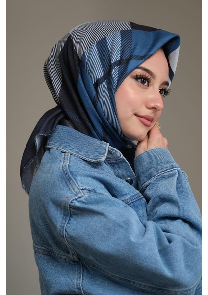 Kare-Çizgili Desen Mavi Pamuk Eşarp
