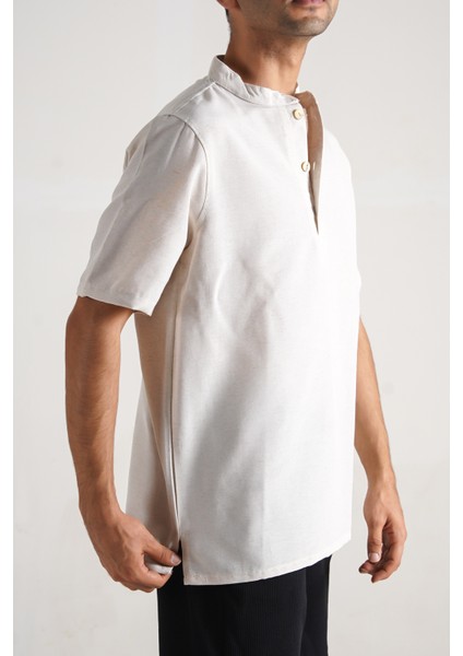 Erkek V Yaka Normal Kalıp Keten Gömlek