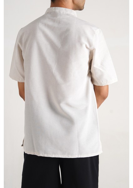 Erkek V Yaka Normal Kalıp Keten Gömlek modelleri