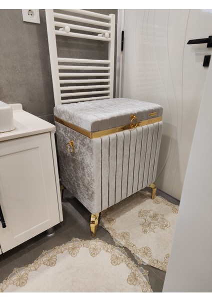 Tek Parça Dikdörtgen Gri Renk Altın Şeritli Modern Kadife Banyo Kirli Çamaşır Sepeti