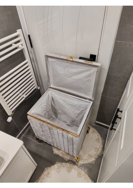 Tek Parça Dikdörtgen Gri Renk Altın Şeritli Modern Kadife Banyo Kirli Çamaşır Sepeti fiyatları