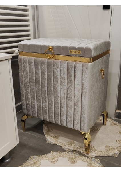 Tek Parça Dikdörtgen Gri Renk Altın Şeritli Modern Kadife Banyo Kirli Çamaşır Sepeti fırsatları