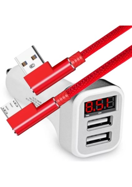 A1 LED Göstergeli Araç Şarj Adaptörü -2 Girişli + J11 Micro Usb 90 Derece 2.4A Şarj Kablosu -1mt