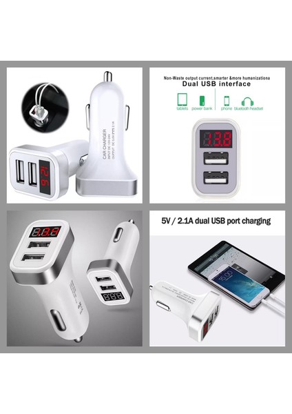 A1 LED Göstergeli Araç Şarj Adaptörü -2 Girişli + J11 Micro Usb 90 Derece 2.4A Şarj Kablosu -1mt