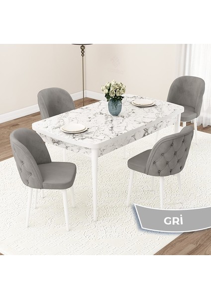 Concept Jae Serisi Açılabilir 80X132 Beyaz Mermer Desen Mutfak Masası Takımı ve 4 Sandalye