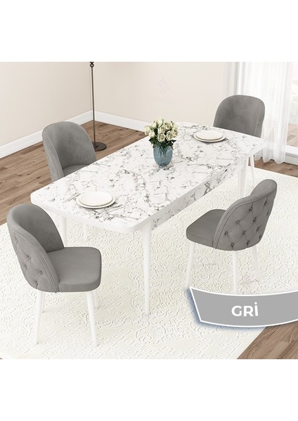 Concept Jae Serisi Açılabilir 80X132 Beyaz Mermer Desen Mutfak Masası Takımı ve 4 Sandalye
