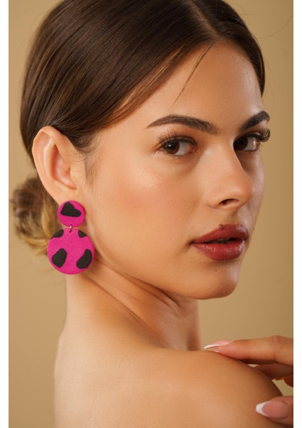 Polimer Kil El Yapımı Ultra Hafif Leopar Küpe Pembe Leopar