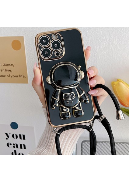 iPhone 7 Plus ile Uyumlu Ipli Boyun Askılı Astronot Figürlü Silikon Kılıf Pastel Renkli Epiphany Kılıf Siyah