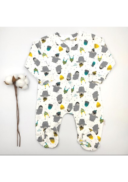 Penguen Desenli Krem %100 Cotton Bebek Tulumu