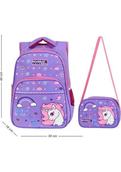 Lila Little Horse Desenli Ilkokul Sırt Çantası ve Beslenme Çantası