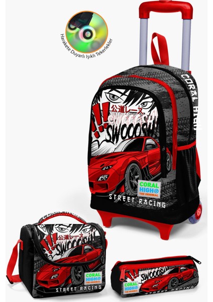 Kids Siyah Kırmızı Anime Araba Desenli Çekçekli 3'lü Çanta Seti SET0123947