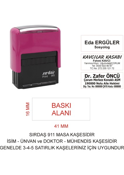 911 Isim Ünvan Kaşesi - Pembe Makina - Siyah Mürekkep