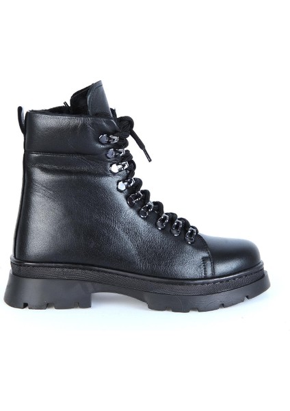 240804-Z Siyah Kürklü Deri Kadın Düz Bot
