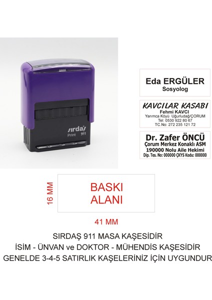 911 Isim Ünvan Kaşesi - Mor Makina - Siyah Mürekkep