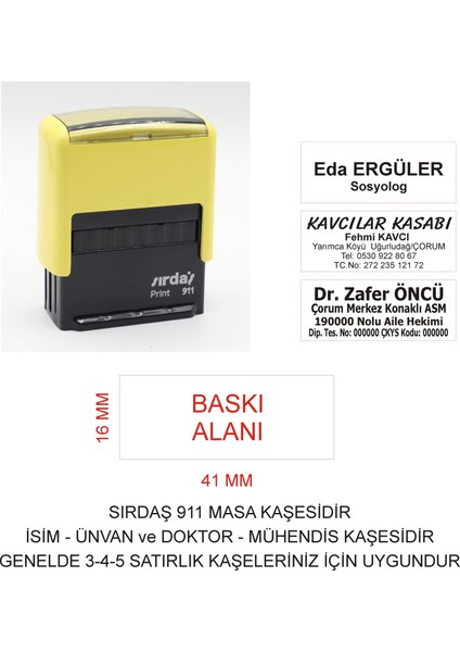 911 Isim Ünvan Kaşesi - Sarı Makina - Mavi Mürekkep