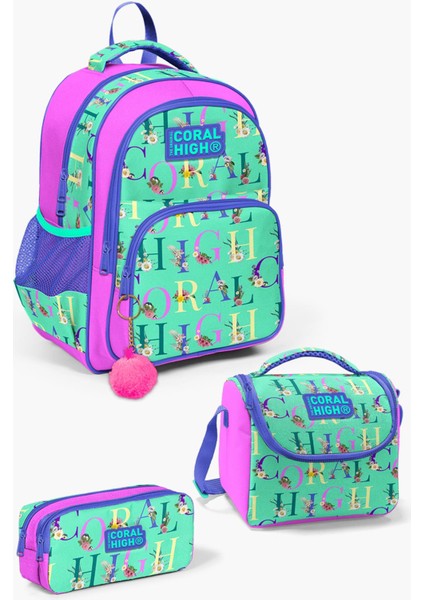 Kids Su Yeşili Açık Pembe Monogram Desenli 3'lü Okul Çanta Seti SET0114410