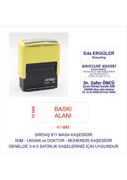 911 Isim Ünvan Kaşesi - Sarı Makina - Siyah Mürekkep