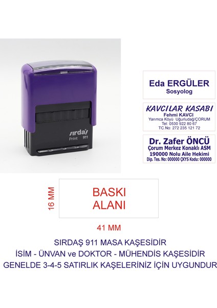 911 Isim Ünvan Kaşesi - Mor Makina - Mavi Mürekkep