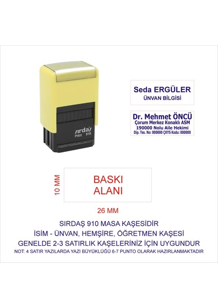 910 Isim Ünvan Kaşesi - Sarı Makina - Mavi Mürekkep